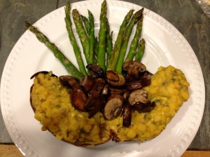Roasted Koimo Sweet Potato with Simple Dal.  Roasted Mushrooms and Asparagus for extra beauty and deliciousness.